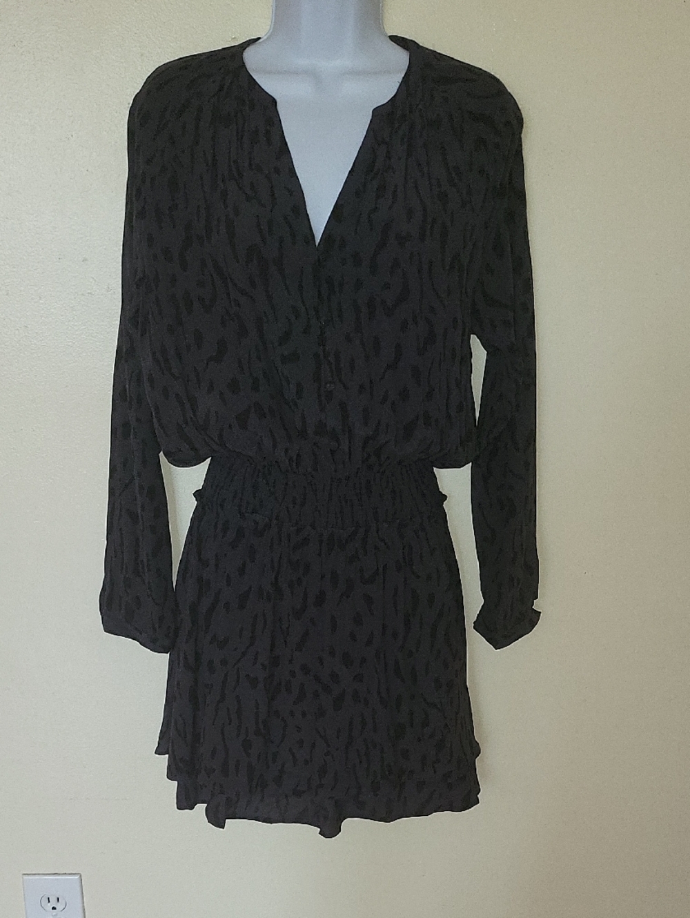 Black Printed Long Sleeve Waist-Detail Mini Dress